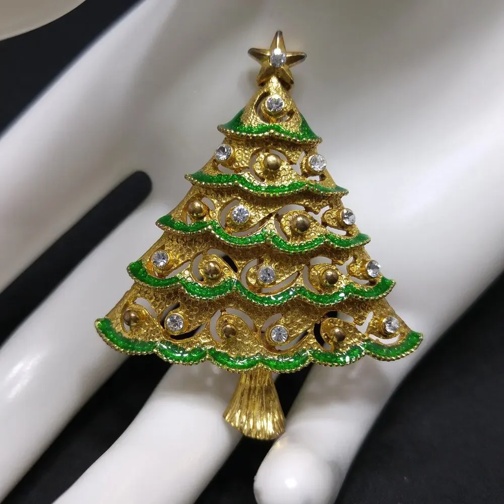 Eisenberg Ice Christmas Tree Brooch, Rhinestones & Enamel, Vintage Jewelry